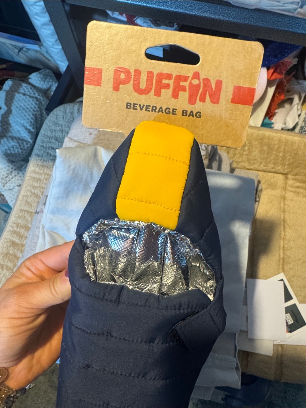 Puffin Quilted Insulated Beverage Bag in Navy with Yellow Accent - Picture 3 of 3